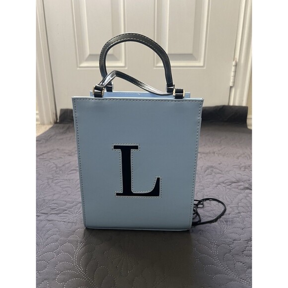 Baby Blue Initial L Personalized Faux Leather Tote Bag Fashion Handbag Gift Chic - Picture 2 of 8